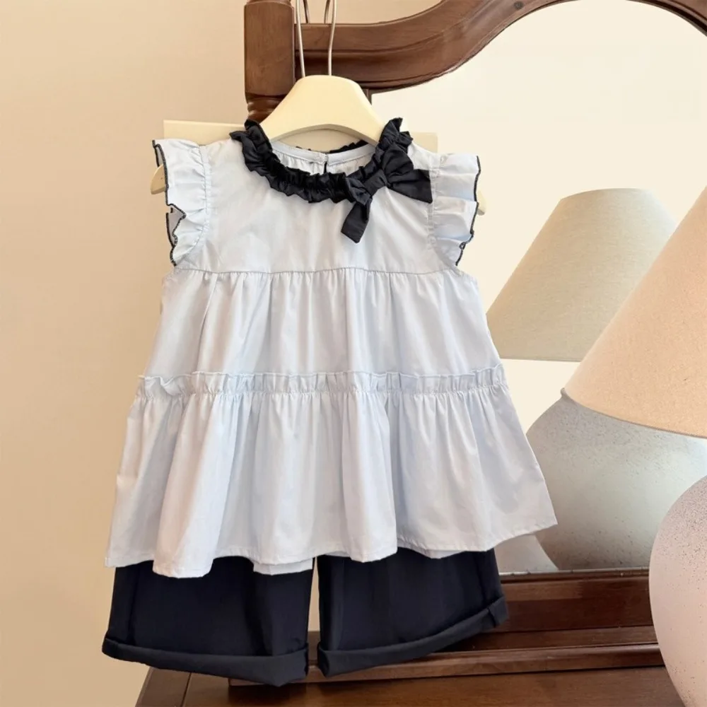 2026 Summer Girls 2Pcs Outfit, Cotton Fabric Flutter Sleeve Top & Seven Length Pants Fashion Set for Baby Girls for 90-140cm