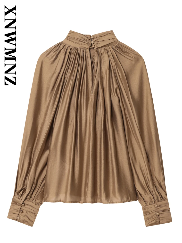 Xnwmnz 2025 outono nova senhora viajando moda manga longa gola rugas manga longa topo vintage chique mulher simples topo