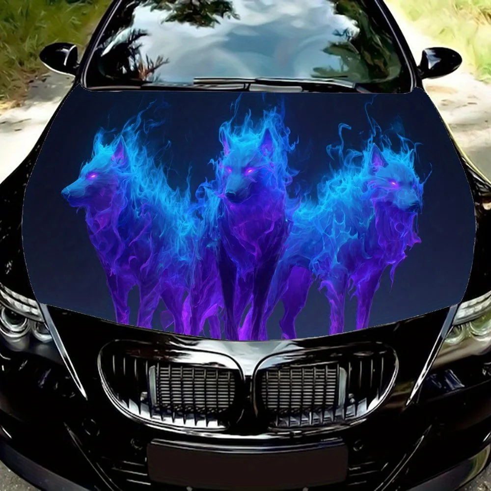 

Mysterious Flaming Wolf Car Vinyl Wrap, PVC Waterproof Car Hood Sticker, Self-Adhesive Scratch-Resistant Stickers for Engine Cov
