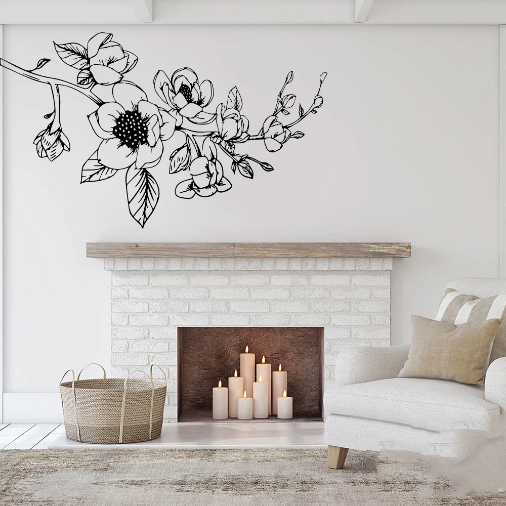 Large Magnolia Flowers Wall Sticker Bedroom Playroom Flora Plant Wall Decal Living Room Kitchen Bathroom Vinyl Decor