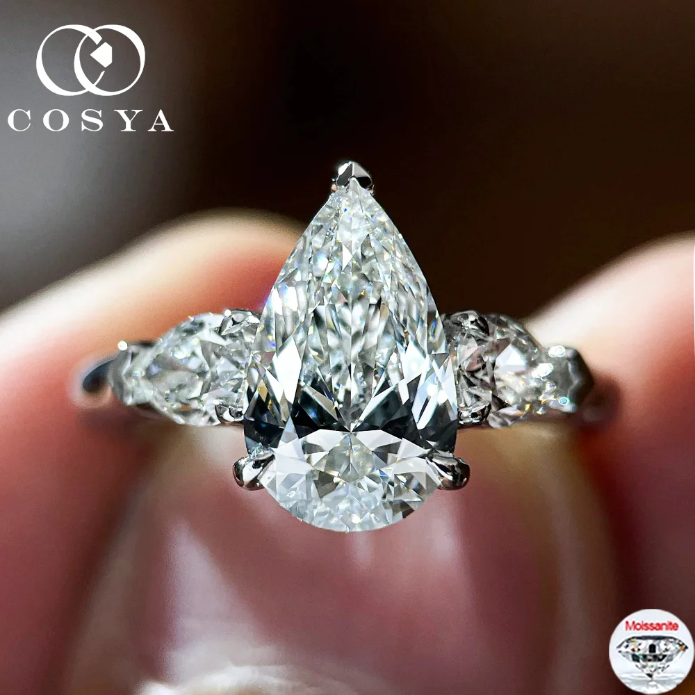 

COSYA 1/2/3/4CT Pear Cut Moissanite 3-stone Ring S925 Silver Sparkling D Color Waterdrop Lab Diamond Wedding Band Fine Jewelry