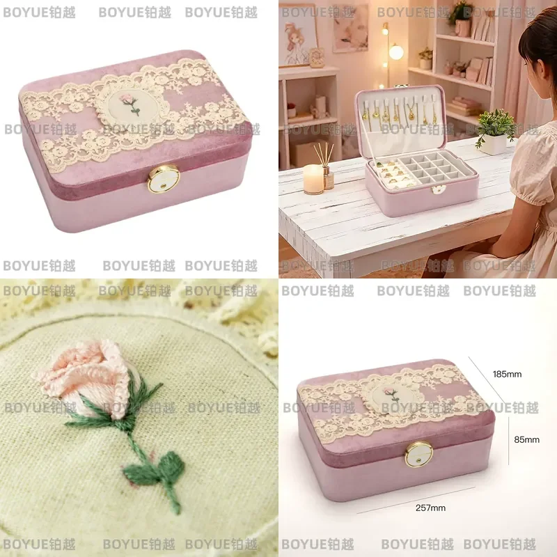 Retro Lace Jewelry Box Pink Flannel Storage Organizer Elegant Vintage Design Case for Rings Earrings Necklaces Gift