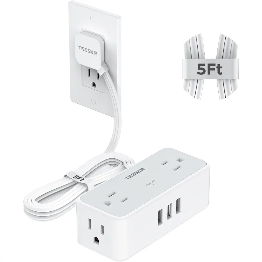 

Ultra Thin 5FT Flat Extension Cord Surge Protector Flat Plug Power Strip 4 Wide Spaced AC Outlets 3 USB A 900 Joules Protection