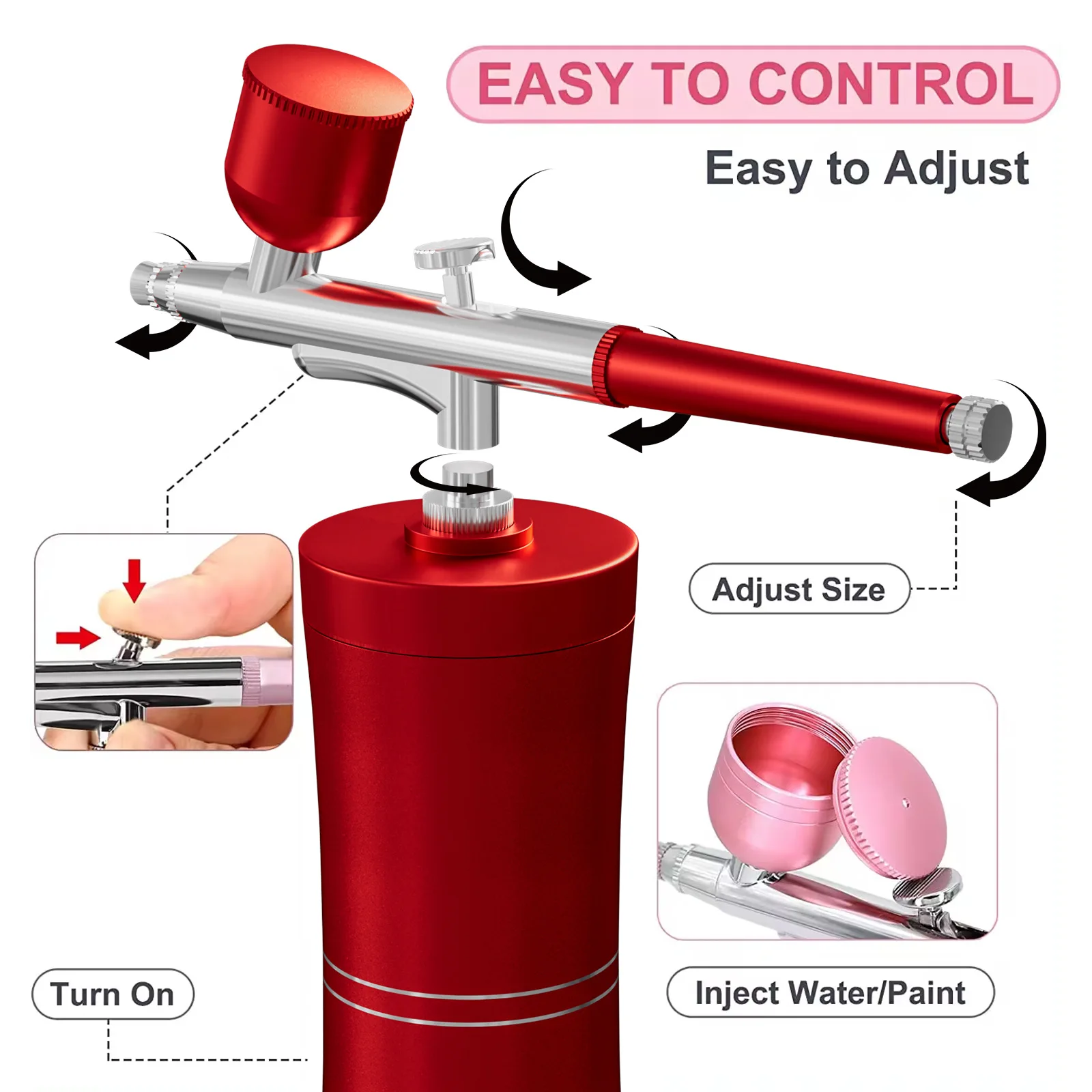 

Cake Airbrush Kit For Nail Art Painting Portable Battery-Powered USB Rechargeable Piston Compressor 0.3mm Nozzle Dual Action 3