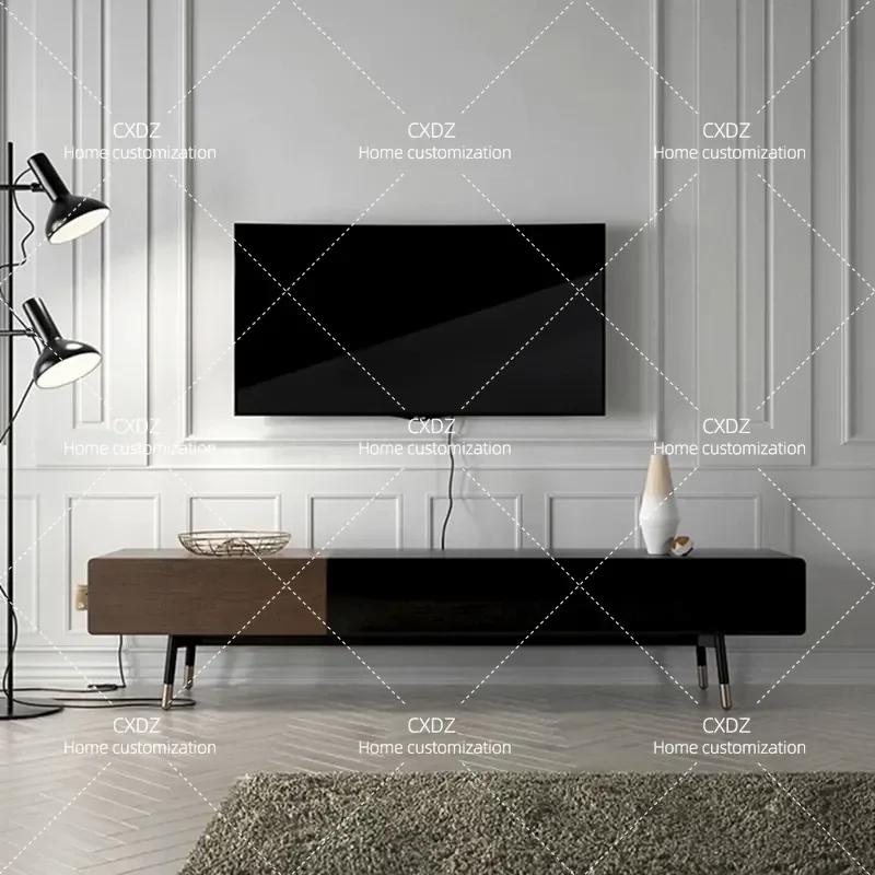 Nordic Light Luxury Piano Finish TV Cabinet Modern Simple Audio Visual Console Walnut Color Floor Standing Unit Customizable