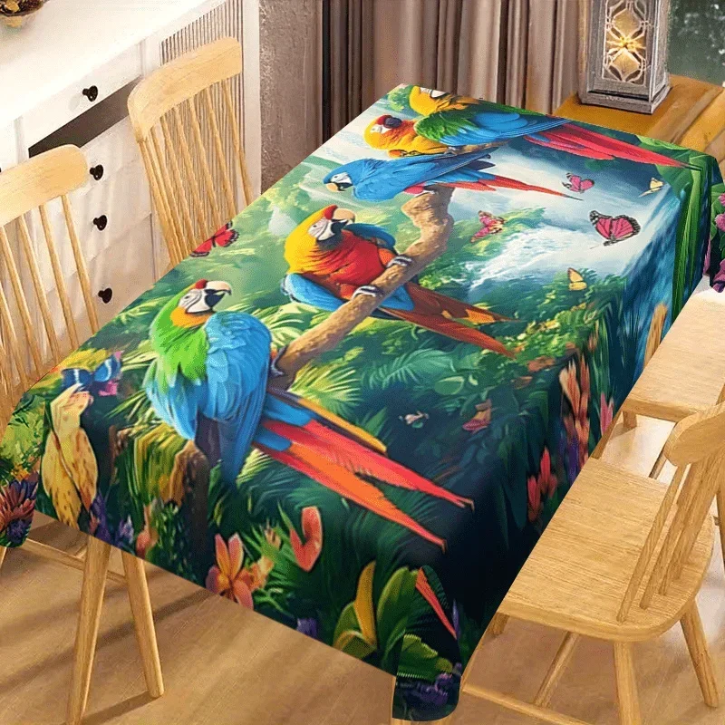 One tropical-themed parrot and a green leaf tablecloth - durable polyester rectangular table matzyc