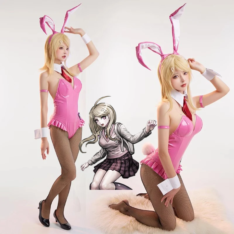 Danganronpa Akamatsu Kaede Cosplay Costume Pink Lovely Bunny Girl Jumpsuits PU Leather Uniform Halloween Party Suit Wig