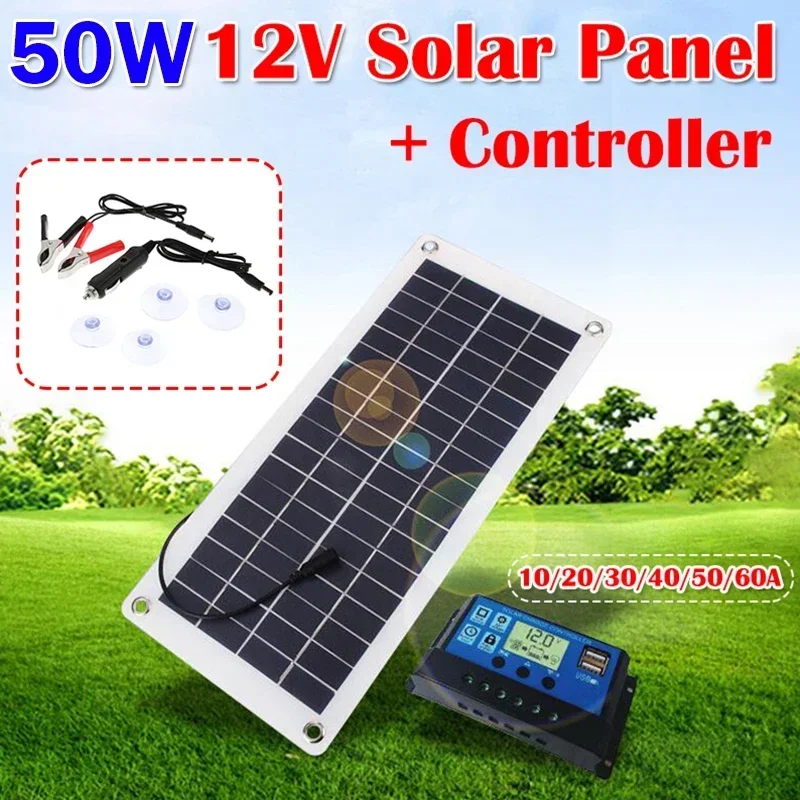 

50W Flexible Polysilicon Solar Panel Dual USB Output Waterproof Solar Car Charging Board Power Suppliy with 10A-60A Controller