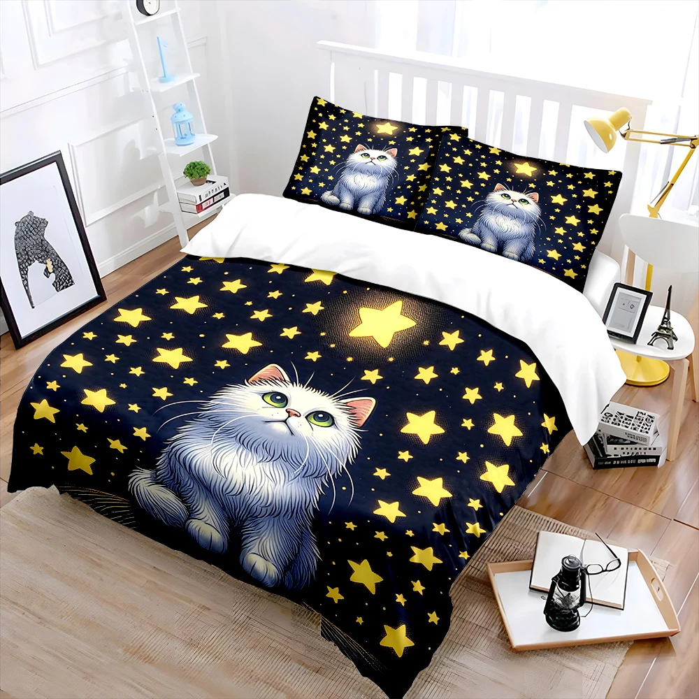 White cat gazing at stars Pattern Duvet Cover Set Digital Print Colorful Polyester Bedding with Zipper Closur for kids gifts