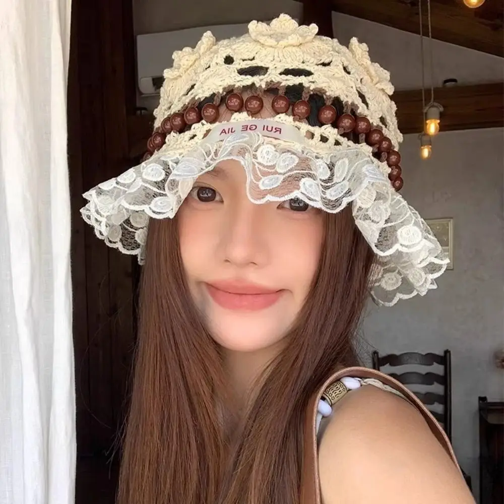 الرجعية اليدوية الكروشيه دلو قبعة الجوف الصيف الخرز محبوك قبعة زهرة الكشكشة نسج حوض قبعات الفتيات