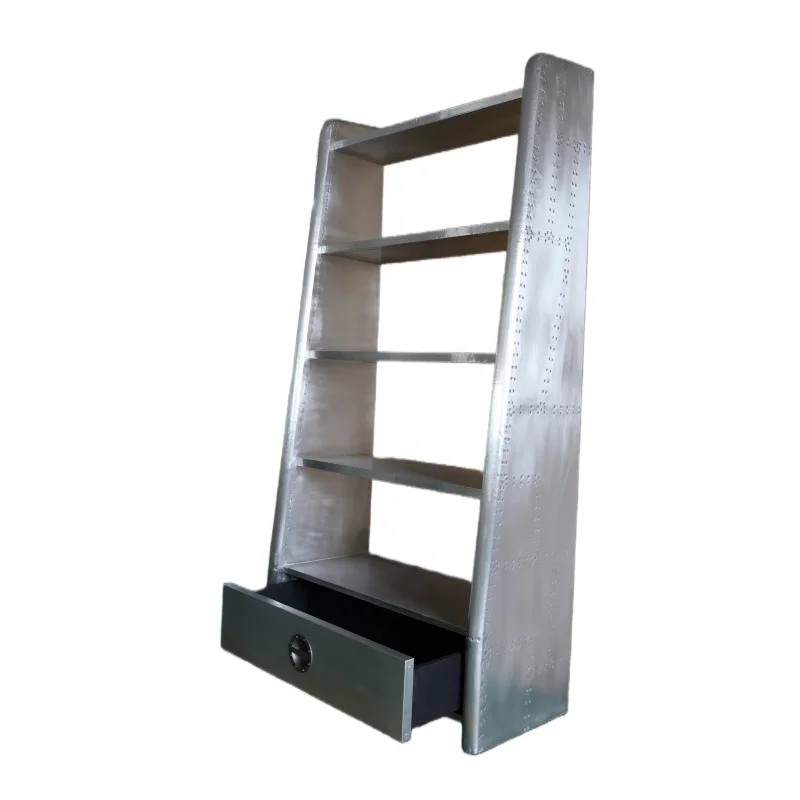 

Loft Industrial Furniture Aviation Aluminium Bookshelf Silver Four Tier Bookcase with Drawer Luxury Home Office Wood Bookshelves