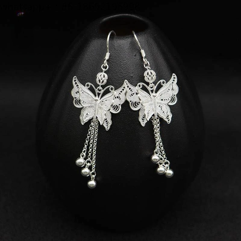 Sterling Silver Butterfly Tassel Earrings Foot Silver New Chinese Earrings Handmade Snowflake Silver Earrings