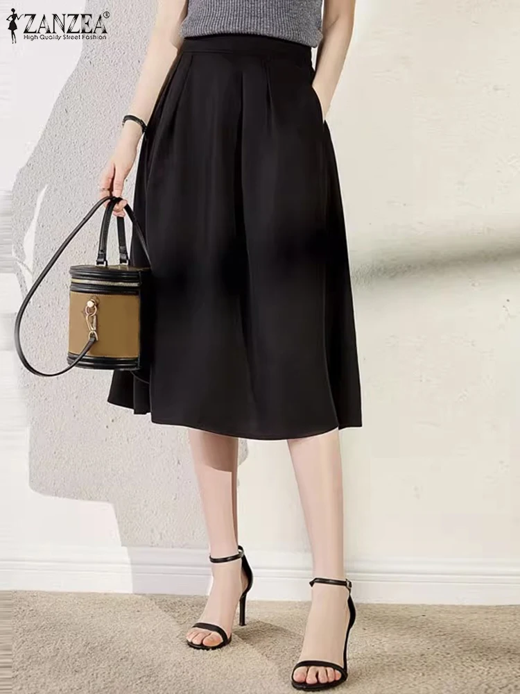 ZANZEA Summer Elegant Skirts Women Fashion Elastic Waist Solid Midi Skirt Jupe Casual A-line OL Work Faldas Saia Autumn Skirt