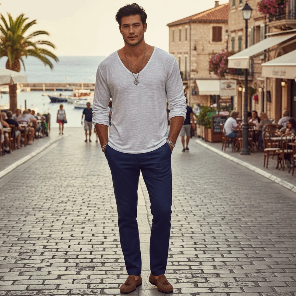 Bottoming Shirt Solid Color Long Sleeve T-Shirt Breathable Comfortable V-Neck T-Shirt Textured Men Casual Top Leisure Time