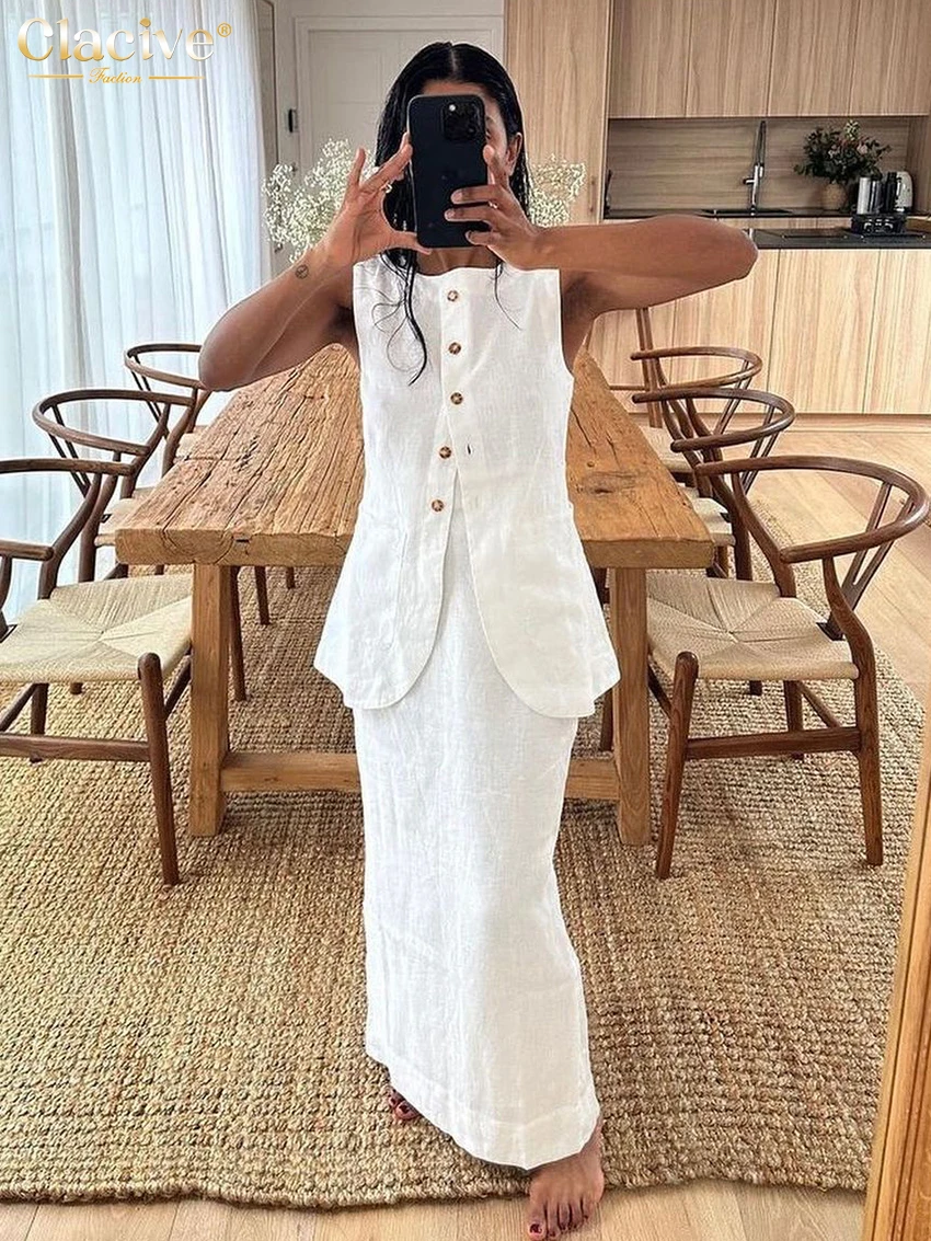 Clacive Summer Slim White Cotton Two Piece Set Women Outfit 2023 Elegant Sleeveless Tops With High Waist Long Skirts Sets Female