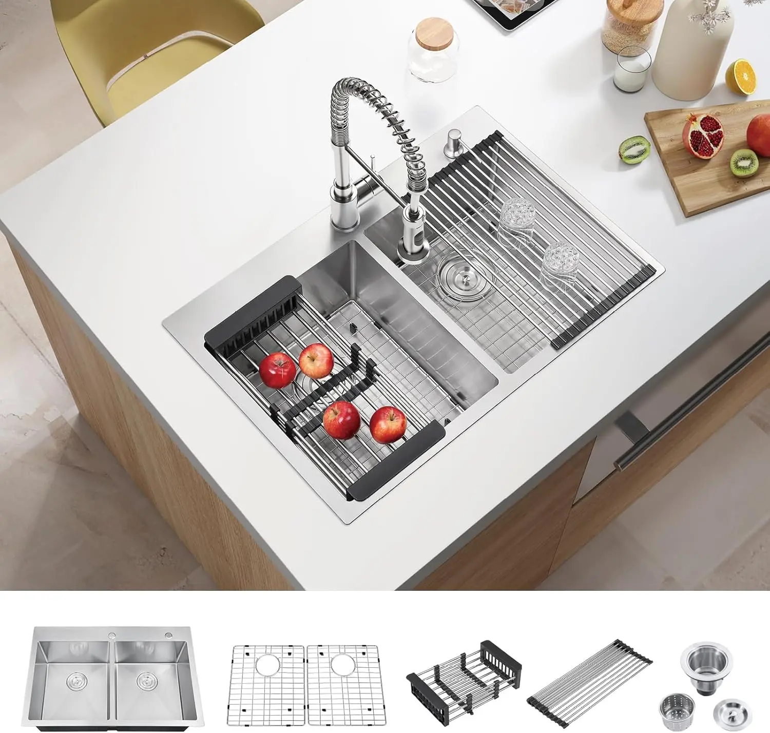 

Drop In Double Bowl Kitchen Sink Stainless Steel Handmade 33 Inch Nano Coating