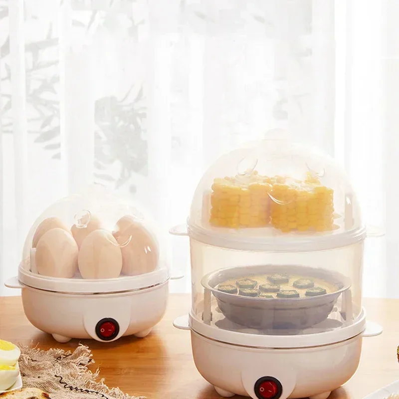 Multifunctional Electric Egg Cooker Steamer - Double Layer for Boil, Poach, Steam Eggs & Veggies, Compact Breakfast Appliance