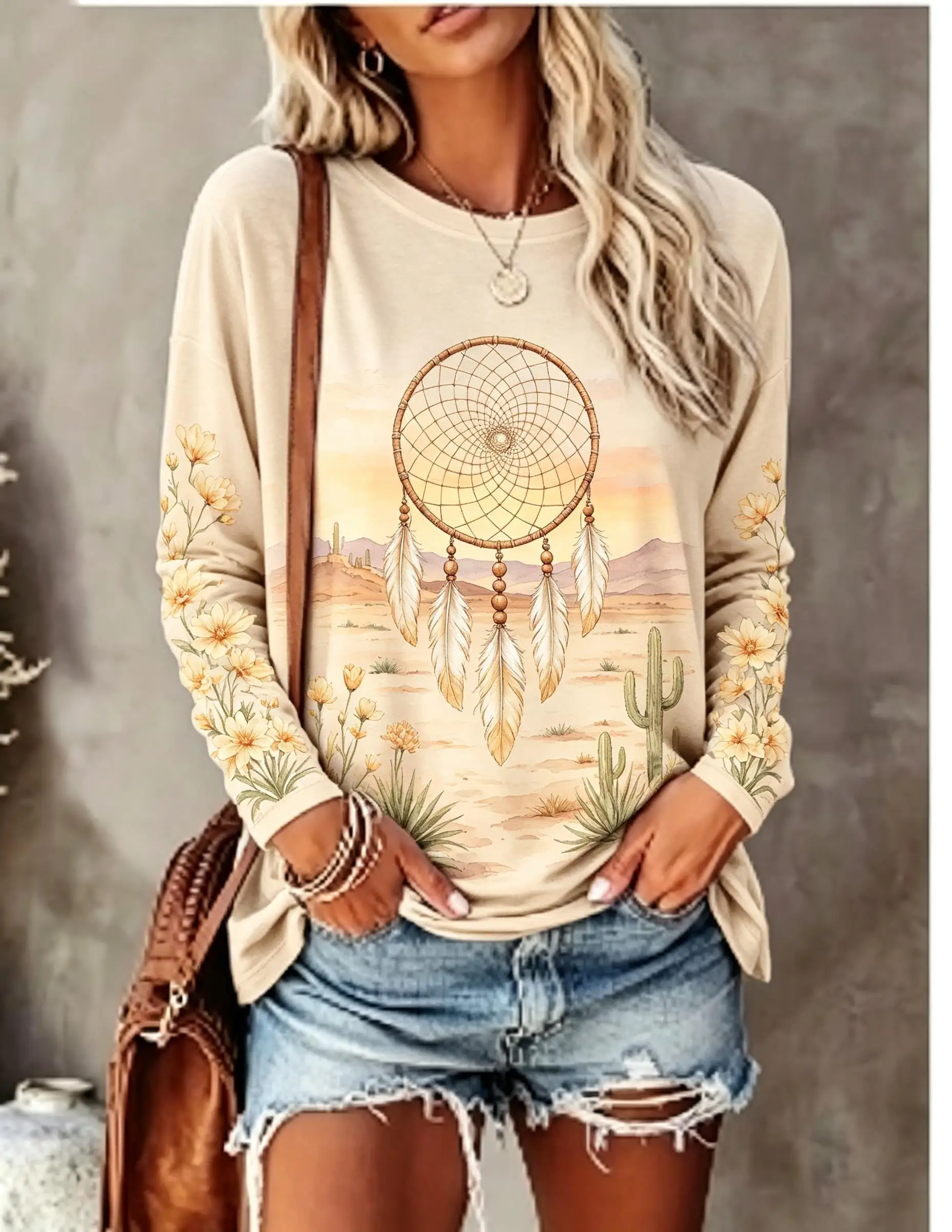Women's Long Sleeve T-shirt Boho Dreamcatcher Desert Cactus Sunflower Print Crew Neck Casual Top