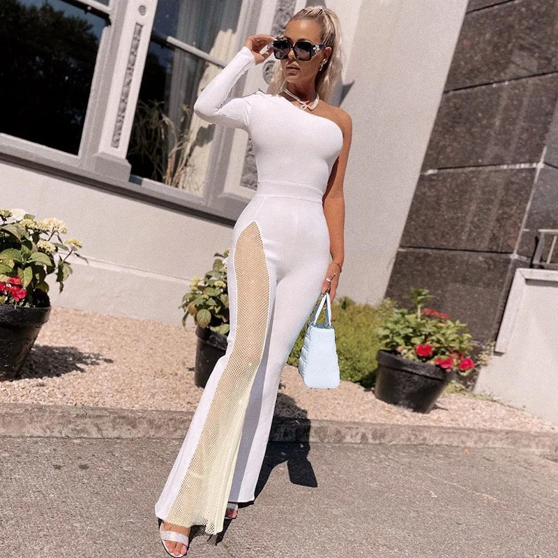 2024年春新作 レディースファッション シングルショルダー 長袖 セクシー メッシュスプライシング マイクロプル ジャンプスーツ