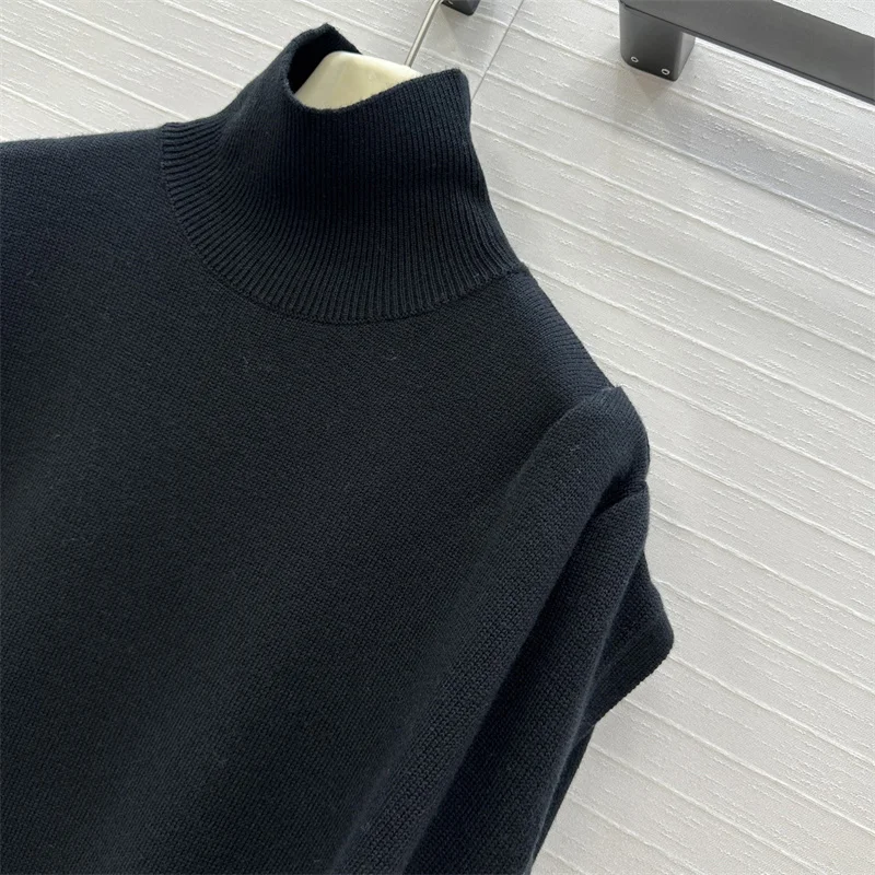 Suéter de mujer nuevo top de manga larga de punto elástico para otoño 2025 jersey asimétrico de cuello alto mezcla de lana cuello alto de mujer