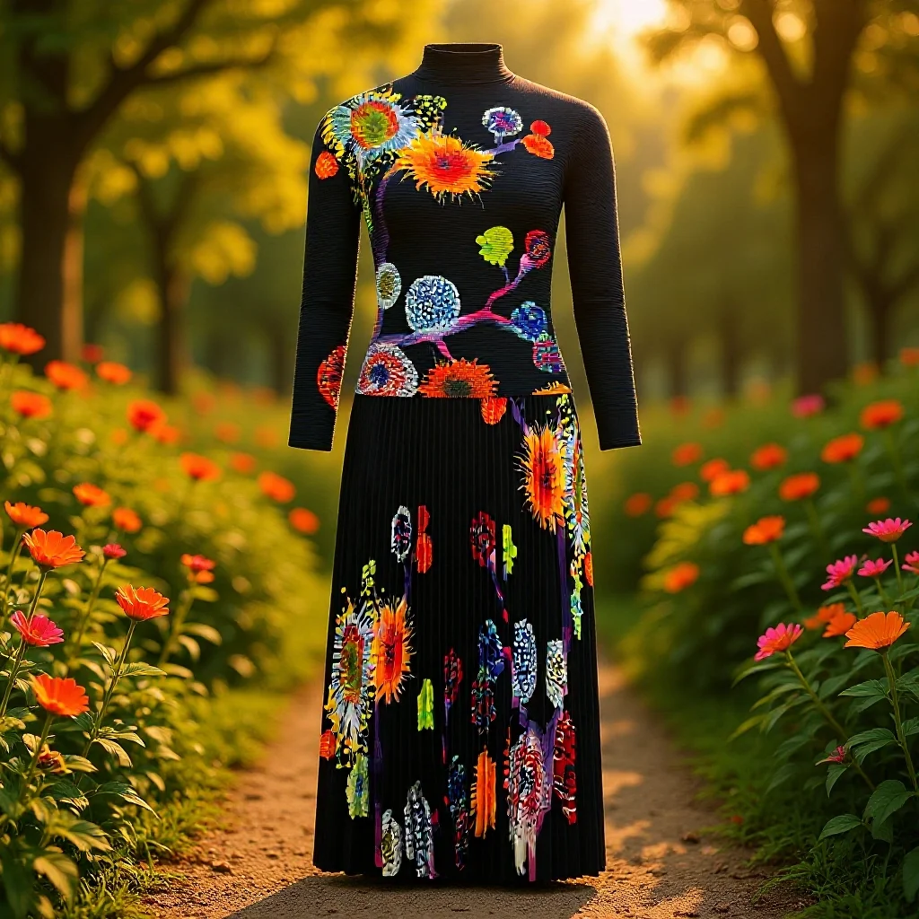 

Miyake Folds 2026 Осень Новый комплект с длинной юбкой Премиум Feeling Эластичный модный топ с принтом Плиссированная длинная юбка Комплект из двух предметов Плиссированный