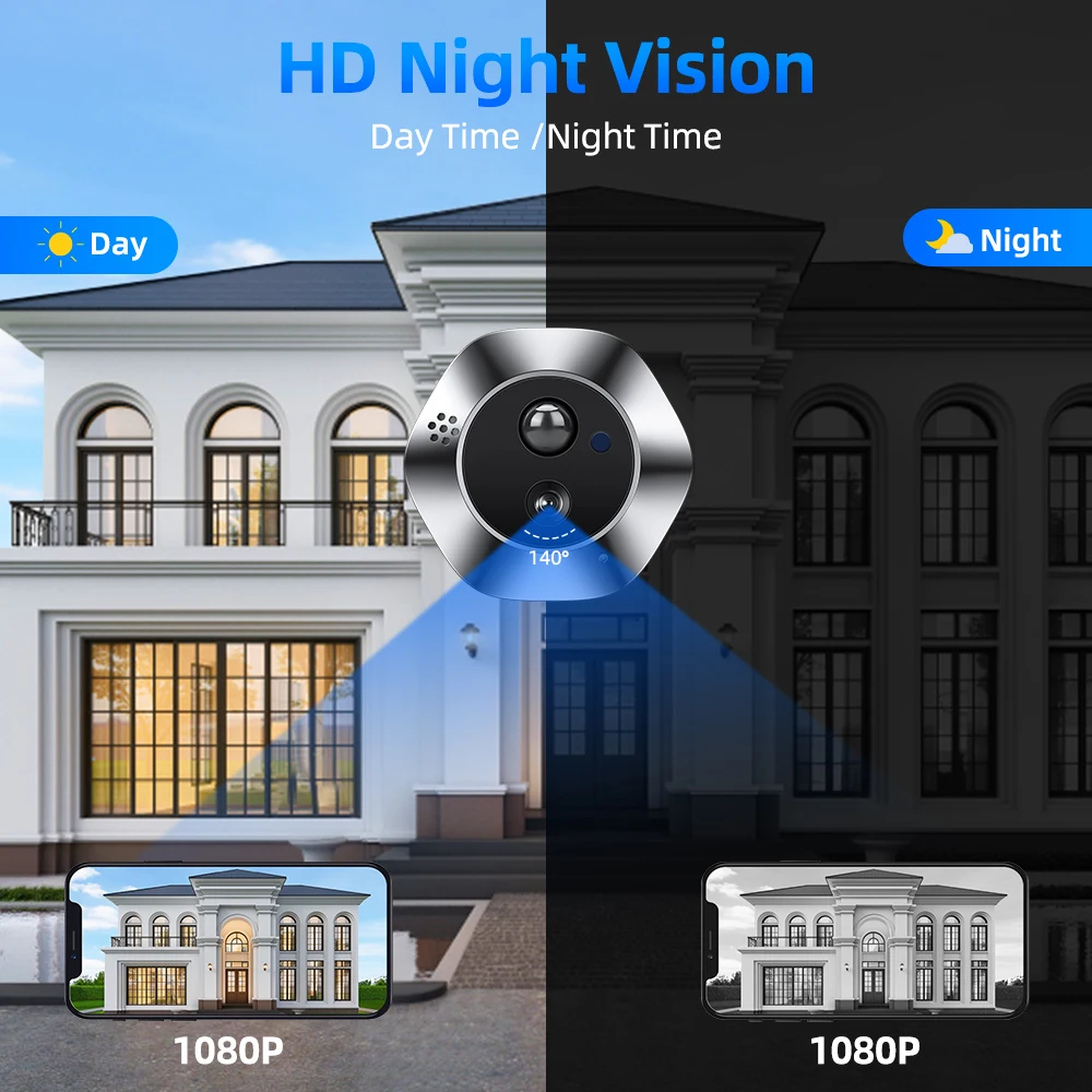 Wsdcam 140 ° Câmera olho mágico para porta, grande angular, intercomunicador bidirecional, vídeo, detecção de movimento, wi-fi, campainha, bateria