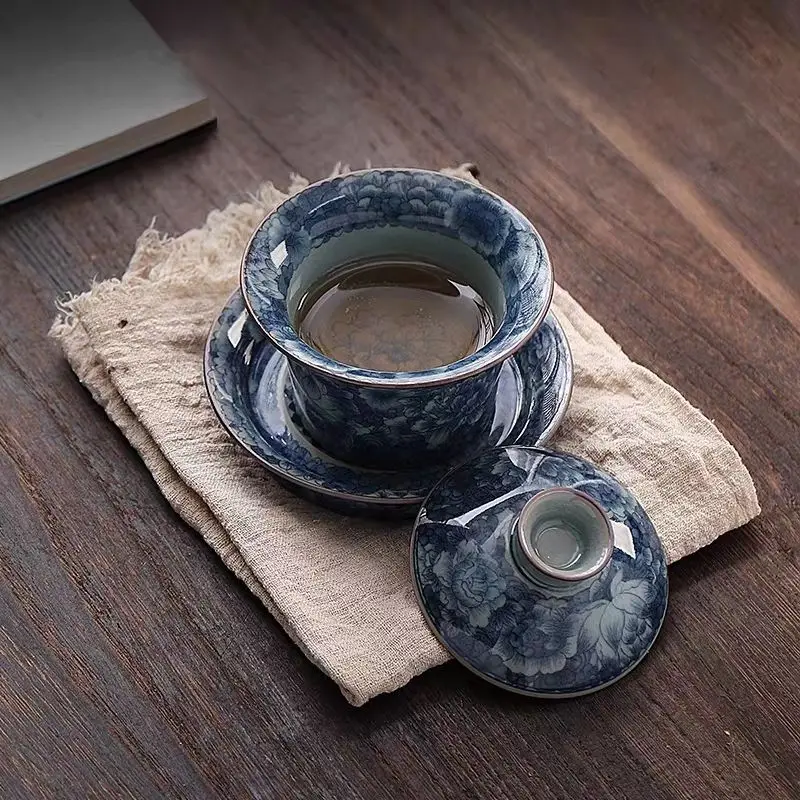 Aged Clay Ge Kiln Three Piece Blue and White Gaiwan Crackle Glaze Nurturable Large Kung Fu Tea Set Home Office Tea Bowl Gift