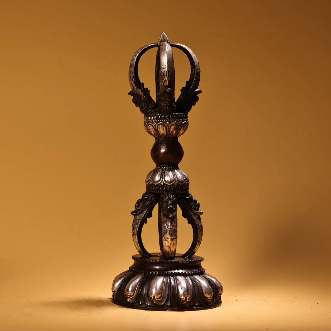 Large Nepal Pure Copper Five Prong Vajra Phurba Dorje with Stand Tibetan Buddhist Ritual Tool Home Altar Decoration