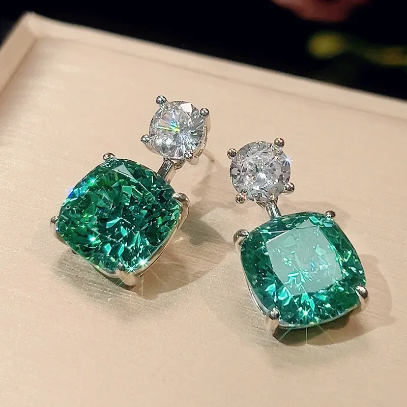 Exquisite Square Cut Green Crystal Jewelry Necklace Adjustable Ring Earrings  Dress Accessories Design Trendy Fashion for Women