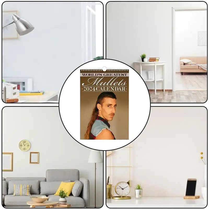 Calendario de pared mensual, Mullets divertidos, estilo de pelo fresco, regalos de Año Nuevo, medias embutidoras, recuerdos de fiesta, 2024