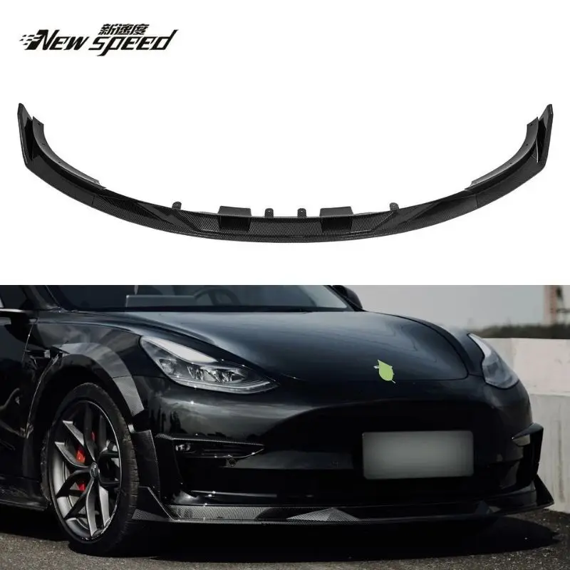 For Model 3 Turbo Front Bumper Lip Glossy Black Carbon Fiber Pattern Newspeed Design