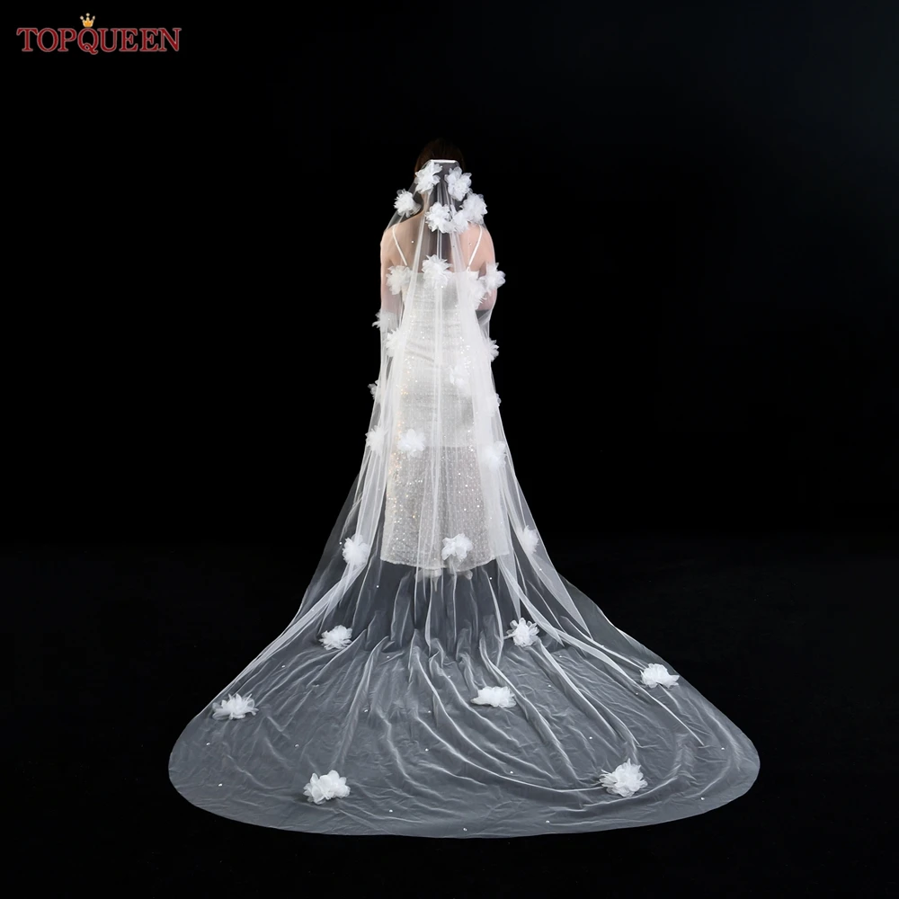 TOPQUEEN V259 Perle Fiori 3D Velo da sposa Veli da sposa Lungo Veu Sposa 3 metri Cattedrale Goccia Velo Velo da sposa bianco puro