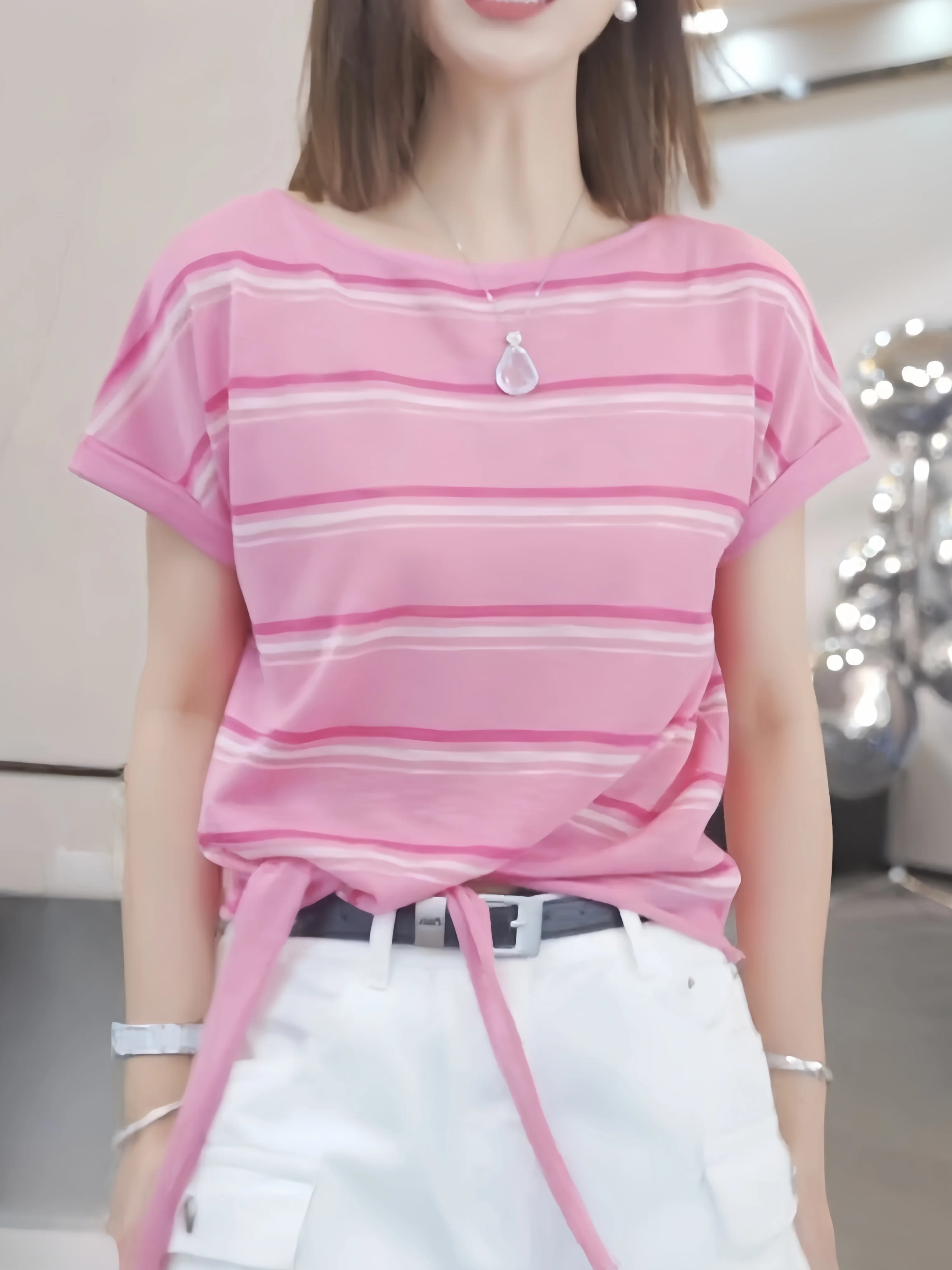 Fashionable Striped Short Sleeve T-Shirt Women's Loose Knot Design Anti-aging Summer New Style Casual Wear for All Seasons