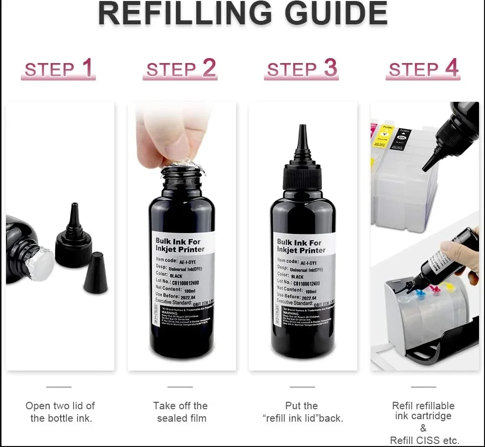 Aomya Universal Ink Refills Dye Refillable Ink 4X100ml Compatible for HP, Brother, Canon, Lexmark Printers CISS Systems