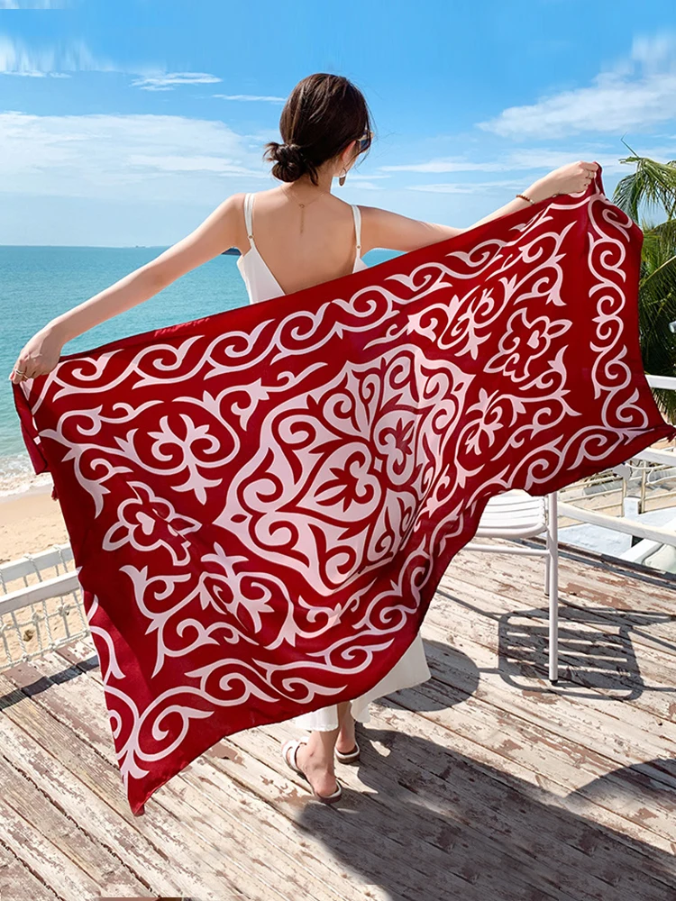 Travel Vacation Vintage Casual Women Silk Scarf Print Bohemian Sarong Beach Wrap Shawl Lady Sunscreen Bandana Hijab Scarve Pareo