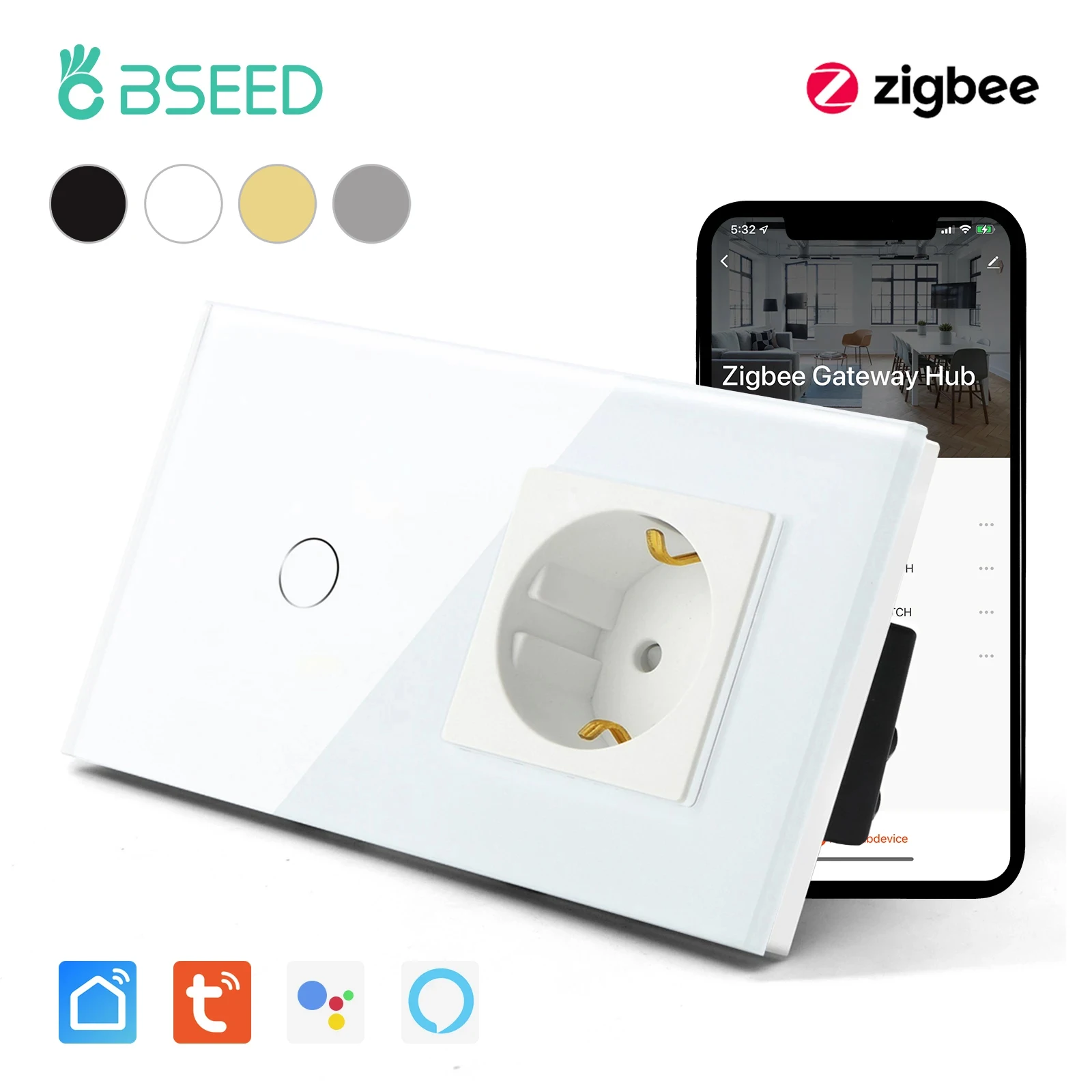 Interruttori Zigbee BSEED Wifi 1/2/3Gang sensore Wireless applique da parete Touch Switch Smart Google Alexa con presa di corrente Standard ue