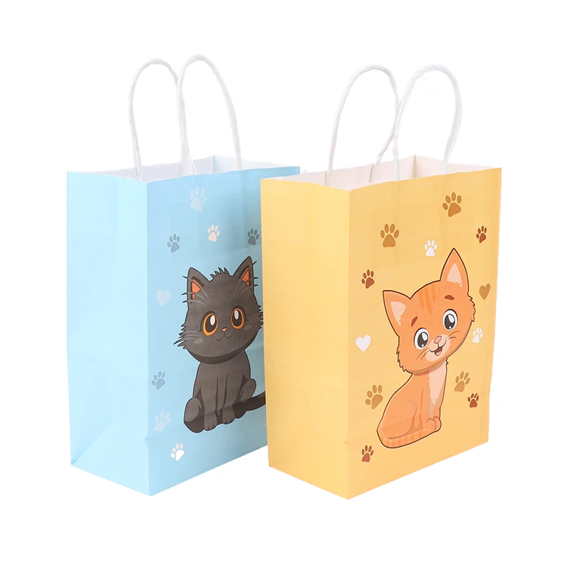 6PCS Colorful Cartoon Cat Paw Print Paper Candy Bags Gift Bags With Handles For Pet Theme Kid Birthday Party Decorations Favors