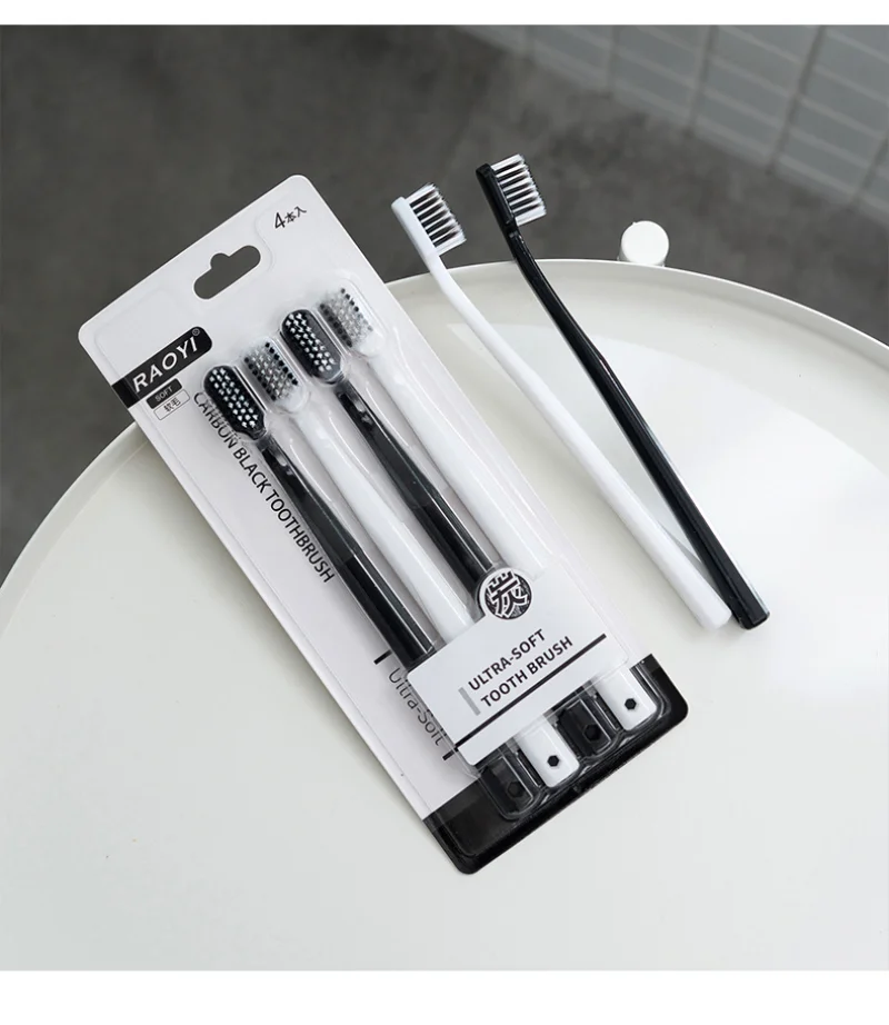 

4PC/set Adult Fashion Black and White Bamboo Charcoal Couple Toothbrush Soft Bristle Toothbrush Travel Toothbrush Wholesale