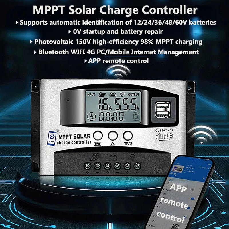 Imagem -06 - Controlador de Carga Solar Mppt 10a 30a 40a 50a 60a 18v150v Entrada Carregamento Step-down 12v 24v 36v 48v 60v Auto Regulador do Bluetooth