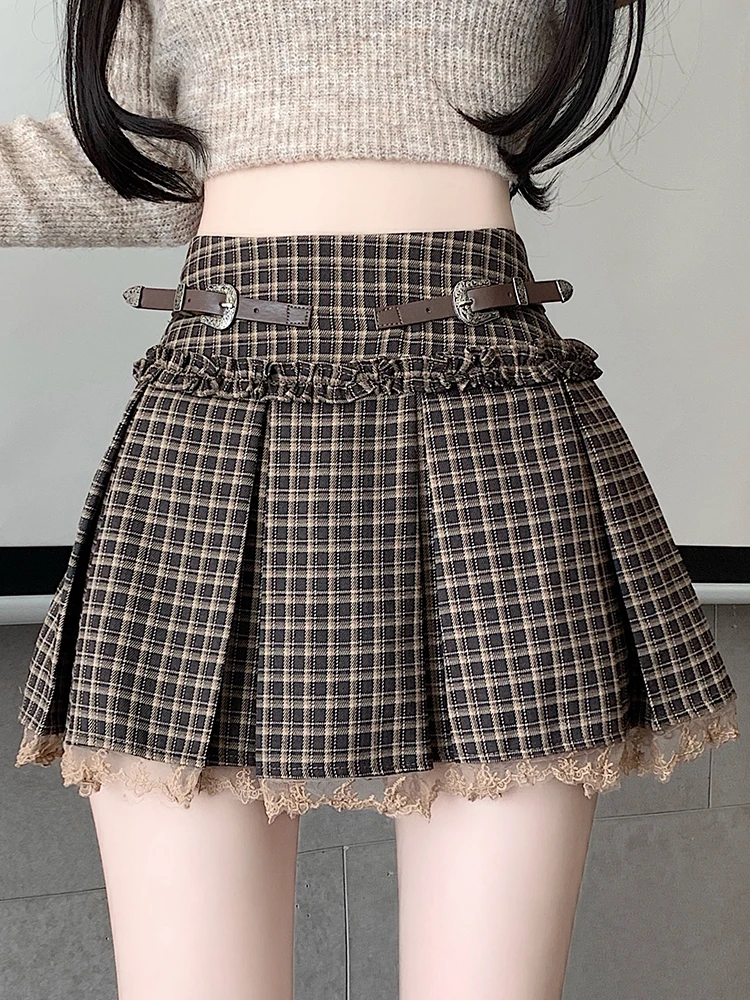 

with Belt Checked Skirts Women High Waist Zipper Mini Skirt Female 2024 New A-Line Plaid Skorts Casual Preppy Style Skorts