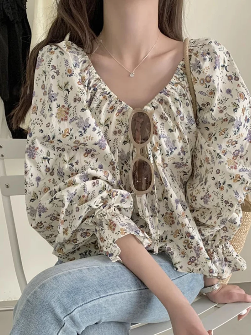 

Chic Floral One oulder Women's Top Dstring ort Design Slimming Long Sve Spring Chiffon irt Korean Sle Loose Fit