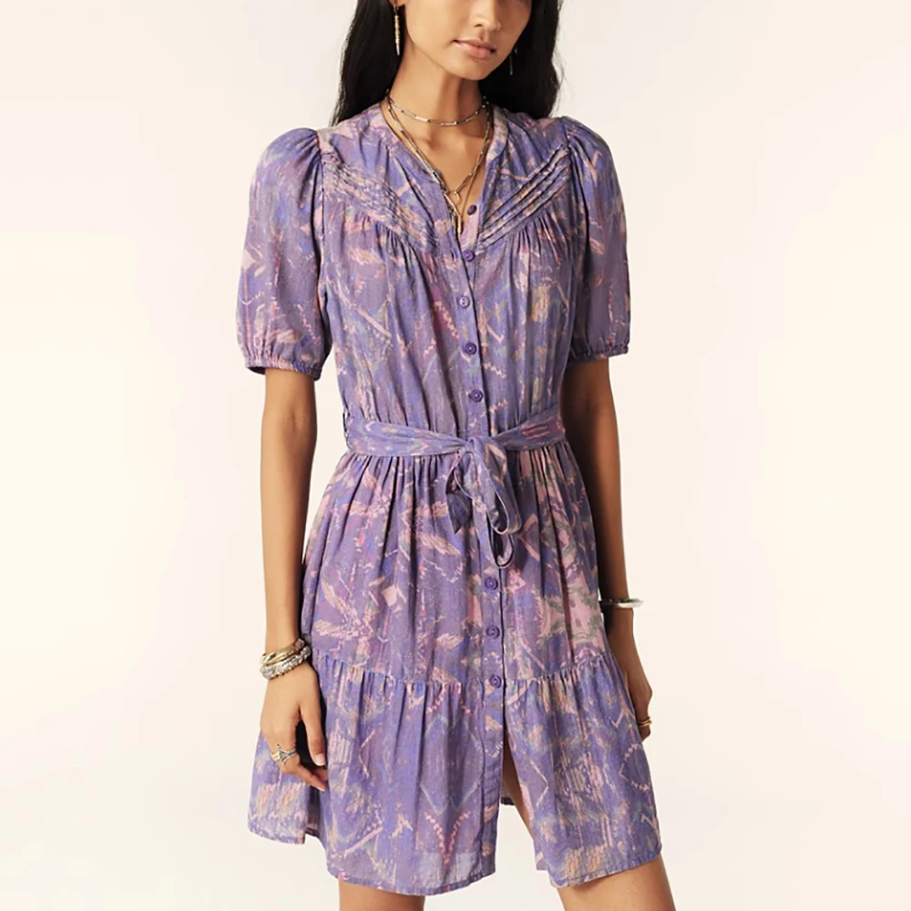 

Purple Printed Cotton Women's Dress Y2k Temperament Commuter Hundred Tie Waist Round Neck Short Sleeve Dress 2024 Summer New