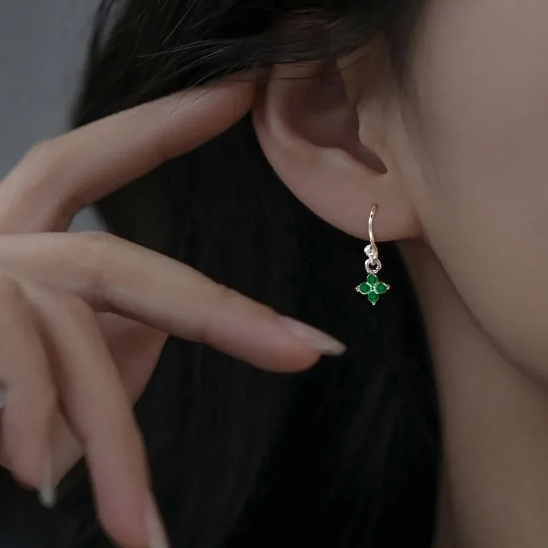 

925 Sterling Silver Geometric Chic Clover Zircon Flower Luck Drop Earring for Women Fine Jewelry High Luxury Vintage Accessories