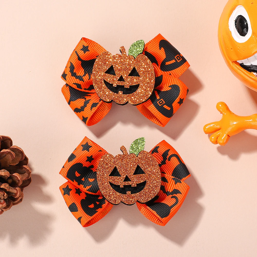 2 Stücke Halloween Kinder Bögen Haarnadel Set für Mädchen Handgemachte Ripsband DIY Kürbis Spinne Dekoration Kopfbedeckung Haarschmuck