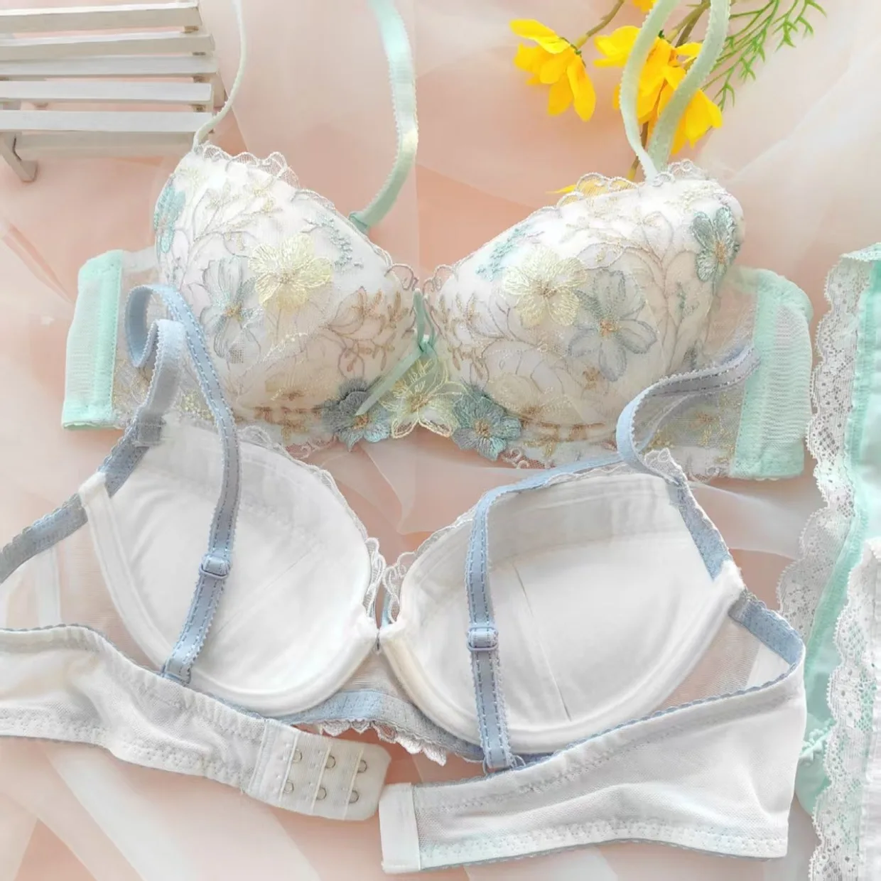 Teenage girls large steel ring comfortable lingerie women underpants sweet fairy gathered female thin bra set underwear