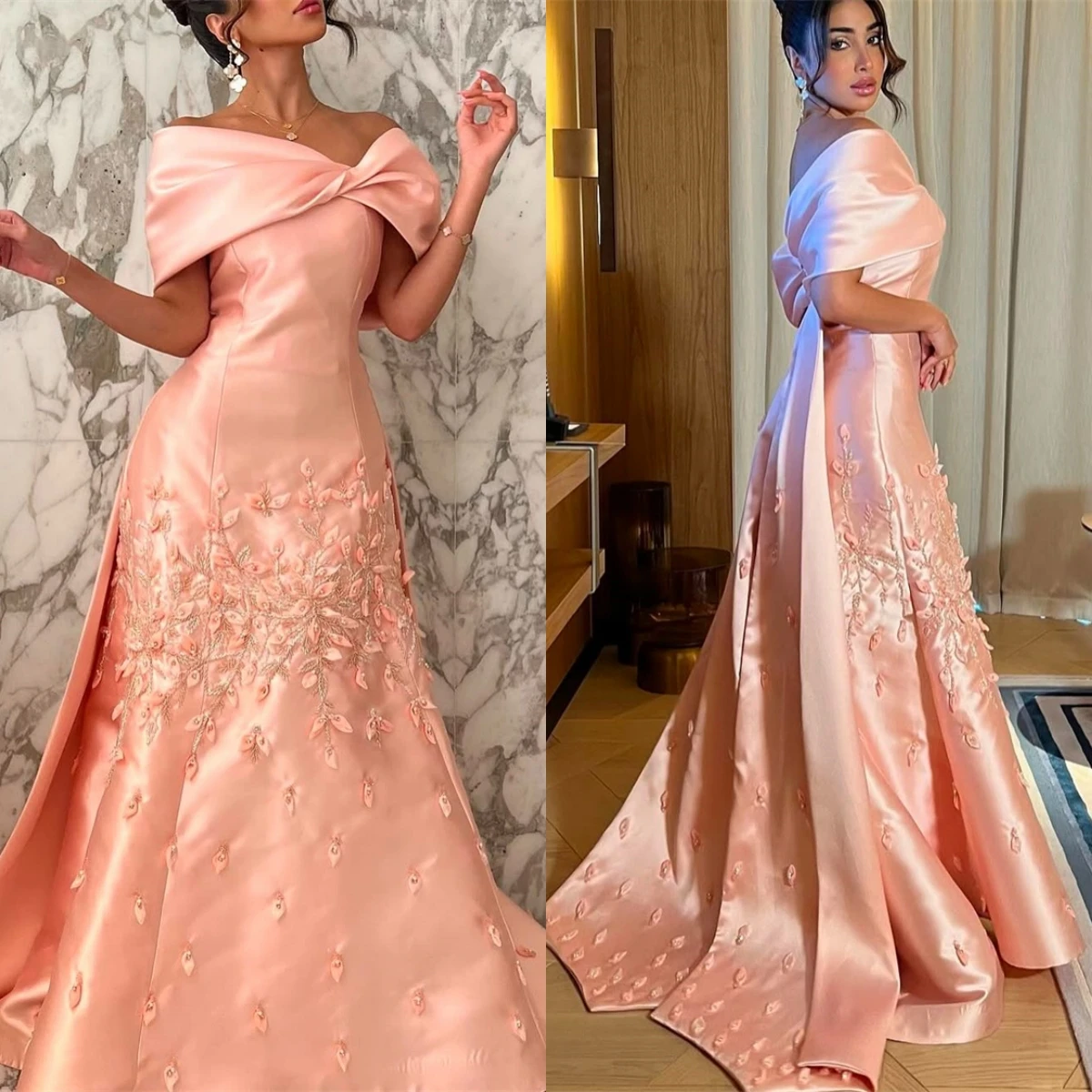 

Customized Elegant Pink Satin Evening Dress Formal Boat Neck Off the Shoulder Party Dress Classic A-Line Appliques Prom Dresses