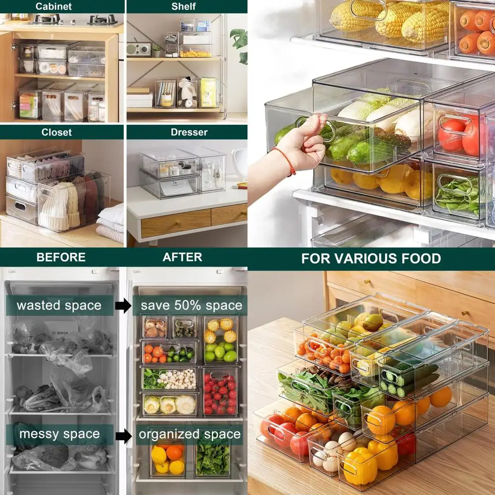 

3-Piece Clear Stackable Drawer Organizers for Refrigerator, Kitchen & Freezer Storage Solutions (2 Small + 1 Medium)