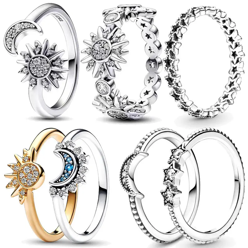 2023 Hot New 925 Silver Ring Celestial Sparkling Moon &Sun Ring Original  S925 Finger Ring DIY Women Fine Jewelry