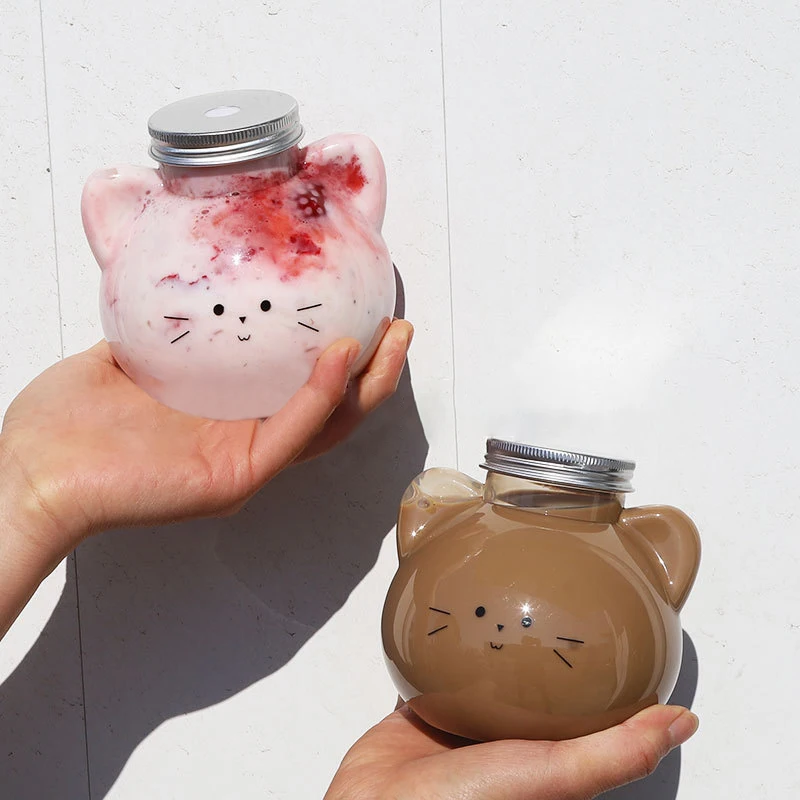 Botellas de agua con forma de gato, leche, té, café, jugo, taza portátil para beber, botella de bebida transparente para el hogar, sin BPA