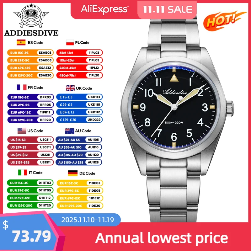 

ADDIESDIVE New Titanium Alloy Men's Watch 36mm VH31 Quartz Watches Sport Field Waterproof 100M Luminous Wristwatch Reloj Hombre